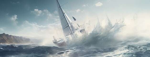 a yacht surging through the waves, wind billowing its sails, as the crew embarks on an exhilarating ocean adventure in a remote and pristine setting.