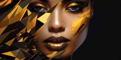 Closeup of a woman face with golden lips and abstract golden elements