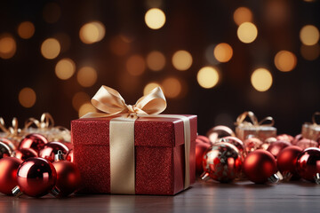 Ai Generative Background of christmas tree and red gift box on a christmas empty background with copy space