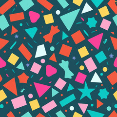 Confetti seamless pattern. Geometric background with different geometric shapes. Memphis seamless confetti pattern. Bright and colorful, 90s style. Vector background.