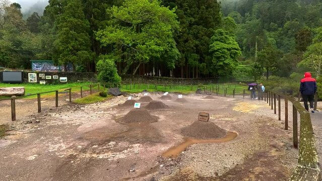 Furnas, Azores; 27th March 2023: Geysers where the stew (Cozinhou) is cooked in the ground in the hot water inside the geysers in a hole, and lots of fumes