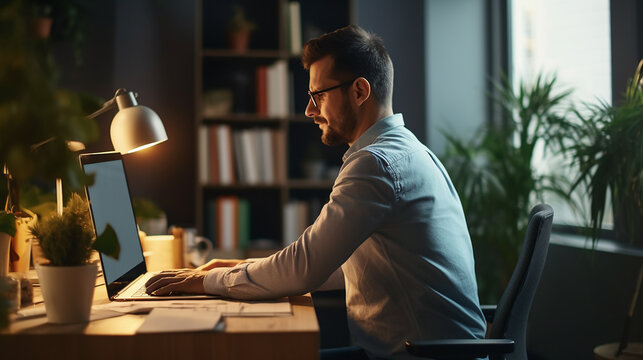 Focused Millennial Freelancer Man Working From Home, Typing On Laptop, Sitting On Couch. Homeowner Guy Using Online App On For Paying Bills, Mortgage, Rental, Insurance Fees