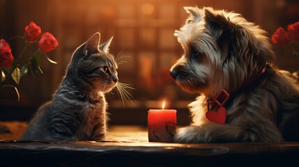 Pets in Love - A Romantic Valentine's Day with Cute Dog and Cats in a Heartwarming Scene - obrazy, fototapety, plakaty