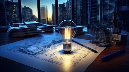 a glowing light bulb beside a small wooden house model on a table. This scene represents an ecological approach to home construction or renovation.