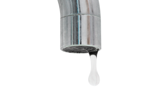 A broken faucet in the bathroom from which water is dripping. A leaky faucet in the kitchen. Isolated on a transparent background. PNG.