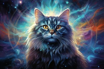 Stellar feline in celestial realm. Majestic being, celestial, breathtaking, ethereal art. Generative AI