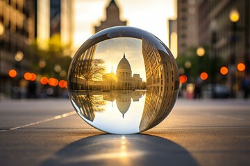 An urban reflection in a glass sphere on a downtown avenue. Generative AI