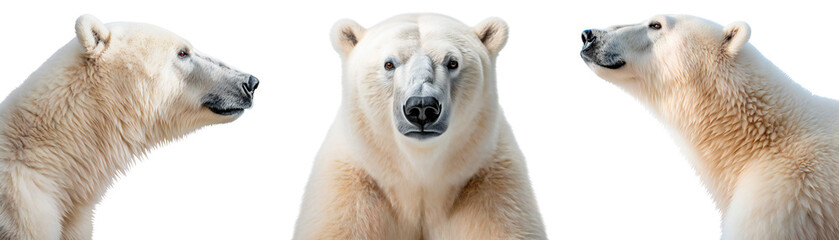 Set of polar bears. Full face and profile of a polar bear close-up. Isolated on a transparent background. - obrazy, fototapety, plakaty