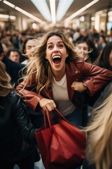 A crowd of women jostle to grab discounted clothes in a shopping center. Black Friday Sale.