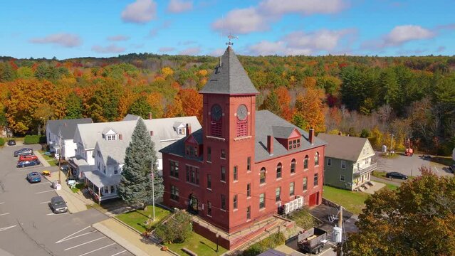 Alton Town Hall aerial view in fall at 1 Monument Square in historic town center of Alton, New Hampshire NH, USA. 