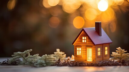 a glowing light bulb beside a small wooden house model on a table. This scene represents an ecological approach to home construction or renovation.