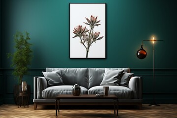 Elegant mockup poster frame in a minimalist interior background with a dark green wall, creating a perfect canvas for opulent decor