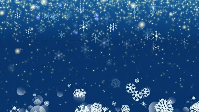 Falling star shower and swirling snowflakes on blue background.. Seasonal winter/ holidays background.
