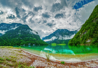 Naklejka na ściany i meble Kings Lake as a water reserve in Berchtesgaden with crystal clear typical green shining water