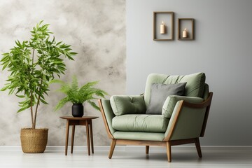 Elegant Scandinavian living room with a green armchair on an empty white wall background, showcasing a perfect blend of simplicity and opulence