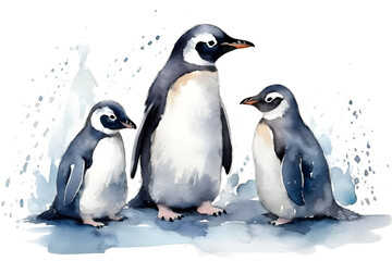 Watercolor illustration of penguins