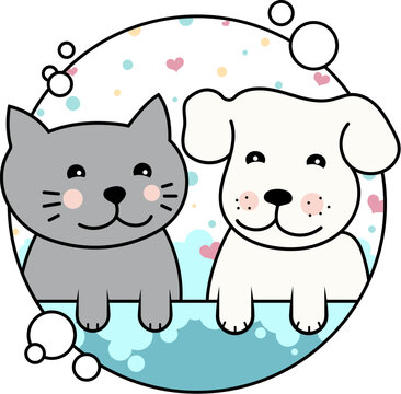 Cute dog and cat in the bathroom, grooming design. Grooming salon and pet care