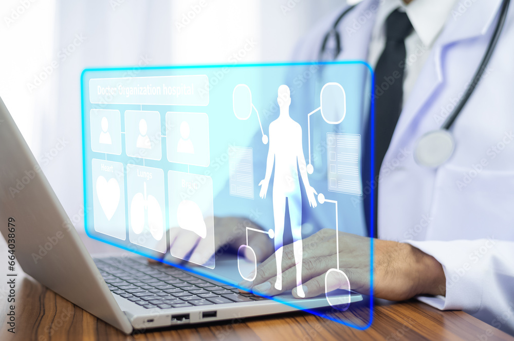 Poster doctor using technology document management on computer system management for cardiologist specialis