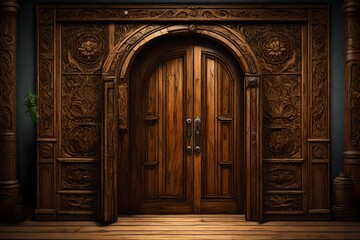 Wooden door with carved ornaments, wooden floor and wall background