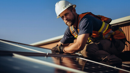 A worker installs solar panels, alternative energy sources.