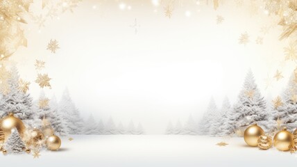 a festive Christmas banner with a lush arrangement of pine branches adorned with golden balls, stars, and snowflakes, this opulent scene against a crisp white background ideal for a captivating banner - obrazy, fototapety, plakaty