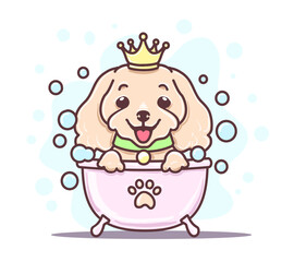 The character of cute dog with tube and bath time. Illustration about dog grooming and pet healthcare for graphic content, greeting cards. - 664039228