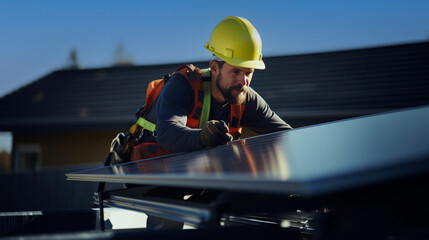 Fototapeta premium A worker installs solar panels, alternative energy sources.