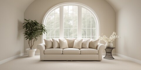View of empty room in classic style with arch window design,curve details,The sun light cast shadow on the wood floor on sea view background, living room with sofa and plants.