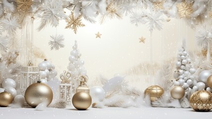 a festive Christmas banner with a lush arrangement of pine branches adorned with golden balls, stars, and snowflakes, this opulent scene against a crisp white background ideal for a captivating banner