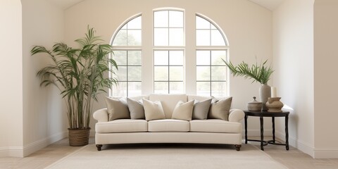 View of empty room in classic style with arch window design,curve details,The sun light cast shadow on the wood floor on sea view background, living room with sofa and plants.