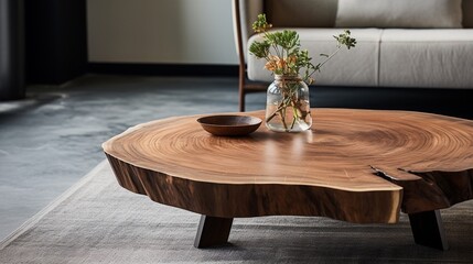 Close up of live edge wooden coffee table on blurred sofa in modern living room background, luxury wooden furniture interior design, natural lifestyle concept.