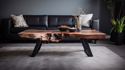 Close up of live edge wooden coffee table on blurred sofa in modern living room background, luxury wooden furniture interior design, natural lifestyle concept. - Powered by Adobe