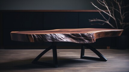 Live edge coffee table. Details furniture. Woodworking and carpentry production. - obrazy, fototapety, plakaty