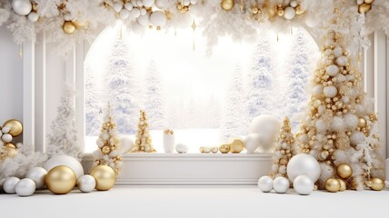 a festive Christmas banner with a lush arrangement of pine branches adorned with golden balls, stars, and snowflakes, this opulent scene against a crisp white background ideal for a captivating banner