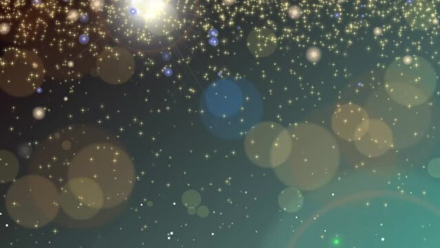 Falling star shower, bokeh spots and lens flare on teal gradient. Abstract background suitable for a variety of concepts and themes.