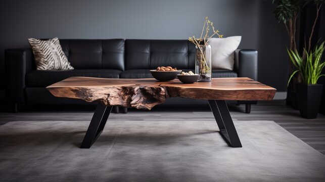 Close up of live edge wooden coffee table on blurred sofa in modern living room background, luxury wooden furniture interior design, natural lifestyle concept.