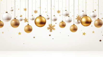 a festive Christmas banner with a lush arrangement of pine branches adorned with golden balls, stars, and snowflakes, this opulent scene against a crisp white background ideal for a captivating banner