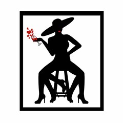 Girl silhouette with five legs on stool holding glass of wine with red heart, digital illustration in black frame on white background. For postcards, greeting cards, posters, banners, stickers etc