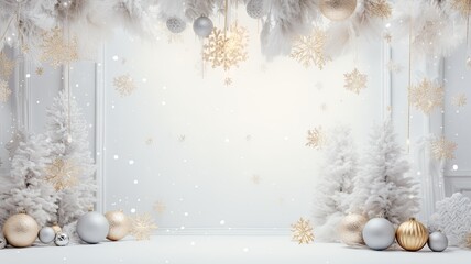 a festive Christmas banner with a lush arrangement of pine branches adorned with golden balls, stars, and snowflakes, this opulent scene against a crisp white background ideal for a captivating banner
