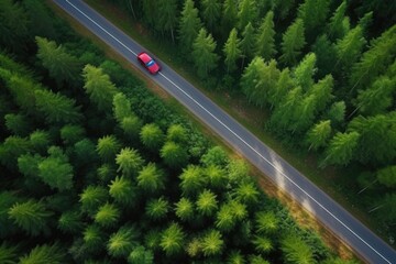 Aerial view of green forest and red car on the road