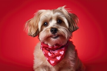 Funny portrait cute puppy dog holding red heart . AI Generated