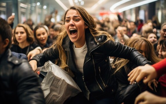 A crowd of women jostle to grab discounted clothes in a shopping center. Black Friday Sale.