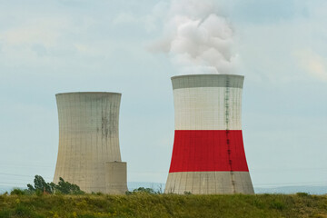 The flag of Poland is depicted on the cooling tower of the nuclear power plant