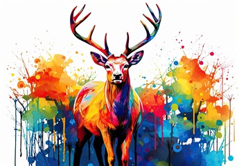 A large deer in a spruce forest. Wild animal in natural habitat. Nature background. Digital art in watercolor style. Illustration for cover, card, postcard, interior design, decor or print.