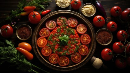 Manakish: An overhead presentation of traditional manakish adorned with tomatoes and herbs.