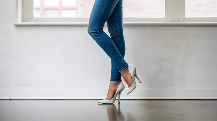 Woman in white high heels and tight blue jeans, stands next to the window with one of her feet raised