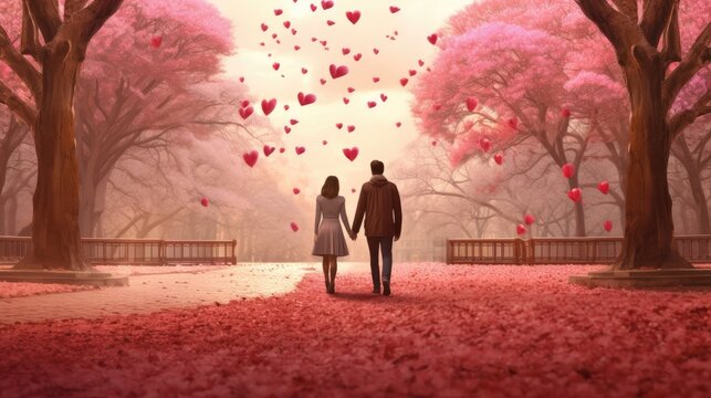 A couple in love walks in a park decorated with hearts, holding hands. Concept of romantic relationship, harmony and love. Illustration for cover, card, postcard, interior design, decor or print.
