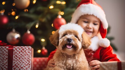Fototapeta na wymiar Festive Moments: Kid, Dog, and the Christmas Tree