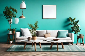 modern living room with table Modern Scandinavian home interior design characterized by an elegant living room featuring a comfortable sofa, mid century furniture, cozy carpet, wooden floor, 