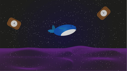 An Illustration of a whale in outer spaces with clocks